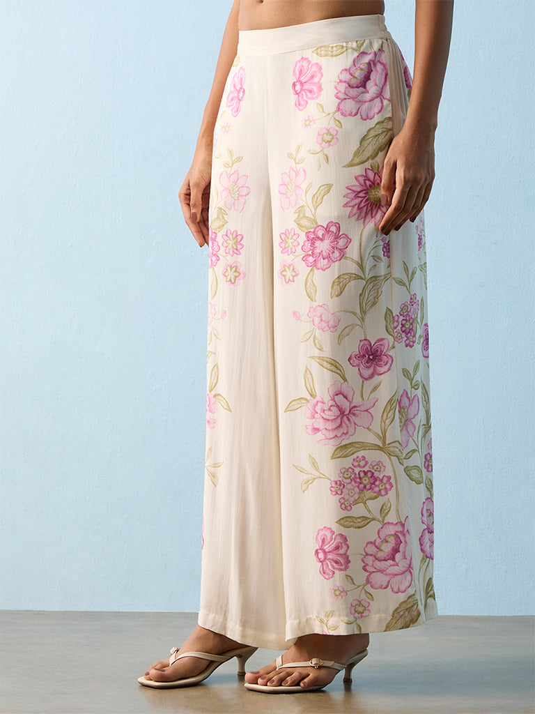 Utsa Off-White Floral Printed Palazzos