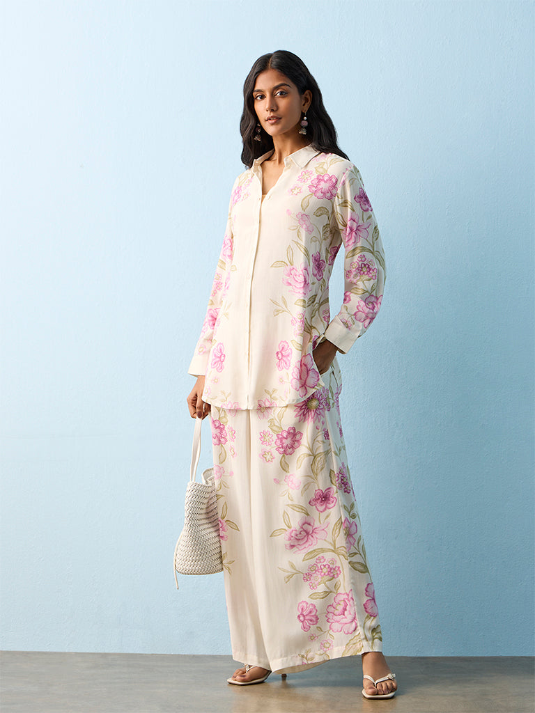 Utsa Off-White Floral Printed Palazzos