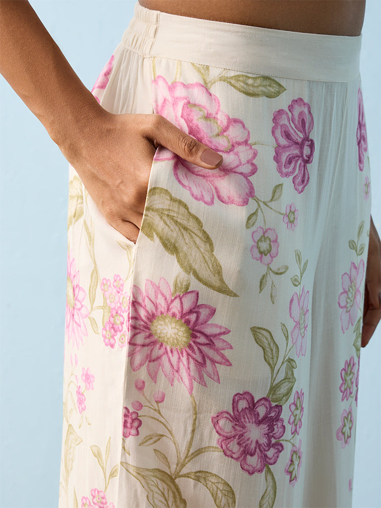 Utsa Off-White Floral Printed Palazzos