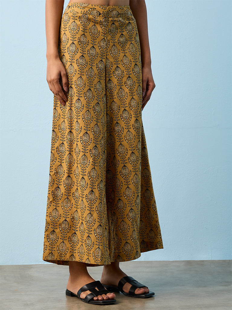 Utsa Mustard Printed Cotton Pants