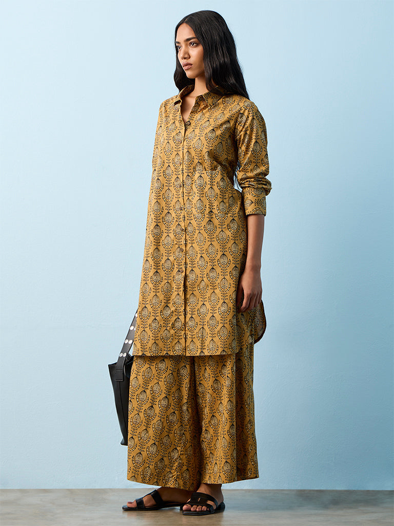 Utsa Mustard Printed Cotton Pants