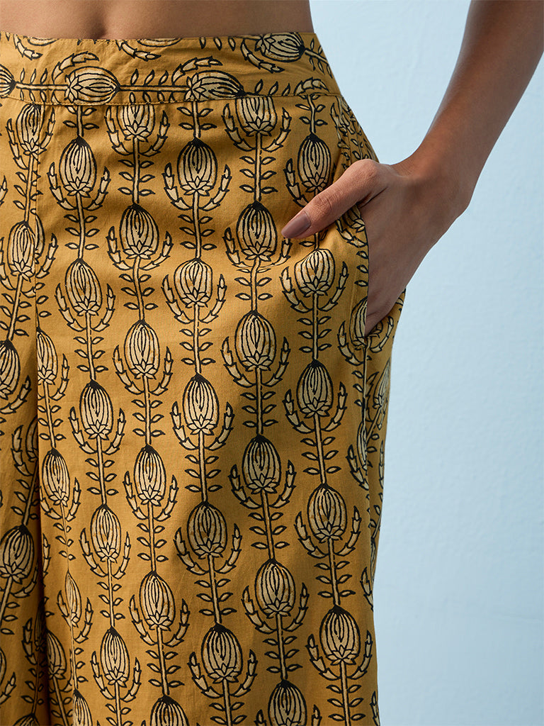 Utsa Mustard Printed Cotton Pants