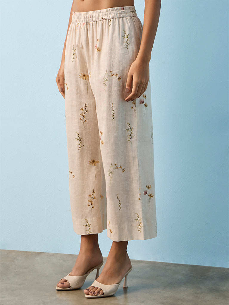 Utsa Light Beige Floral Printed Cotton Pants