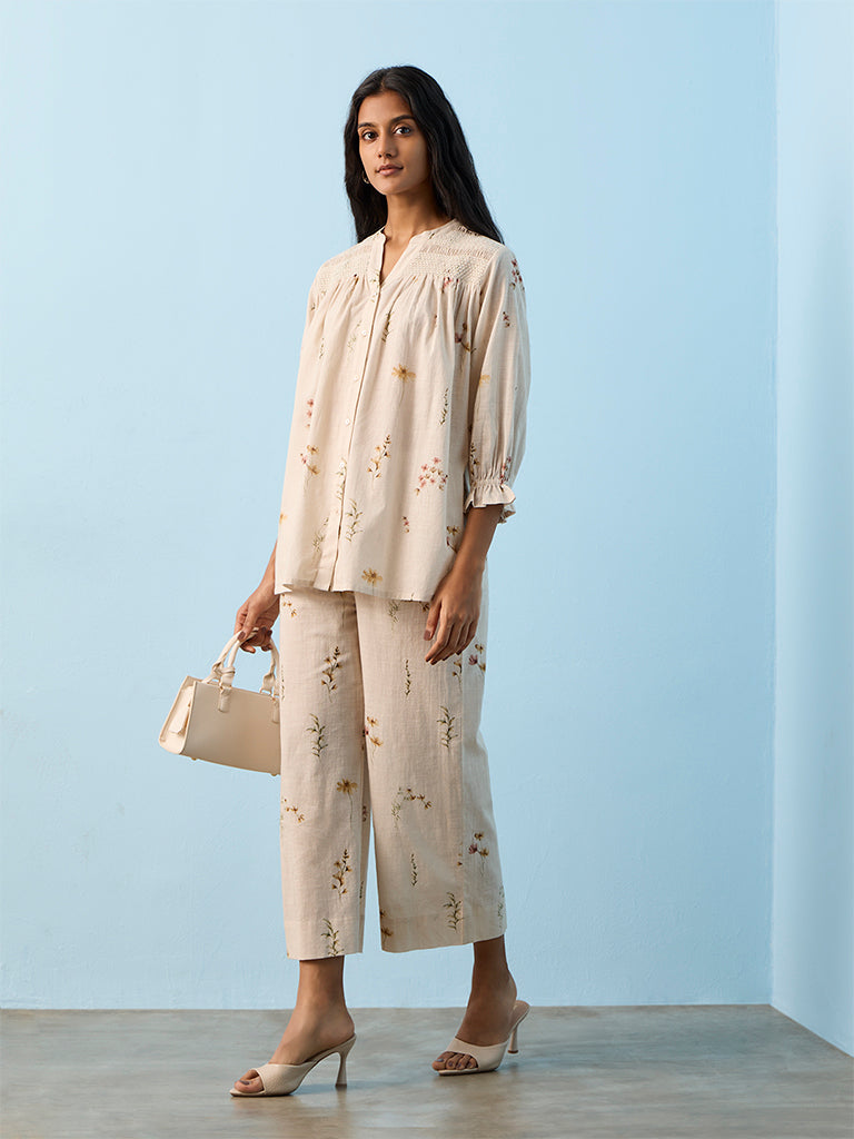 Utsa Light Beige Floral Printed Cotton Pants