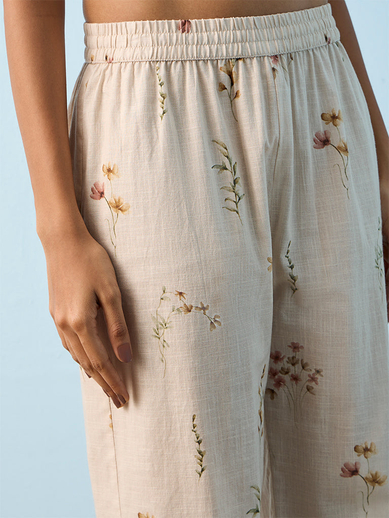 Utsa Light Beige Floral Printed Cotton Pants