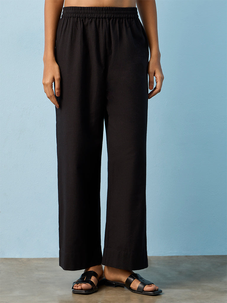 Utsa Black Solid Cotton Pants
