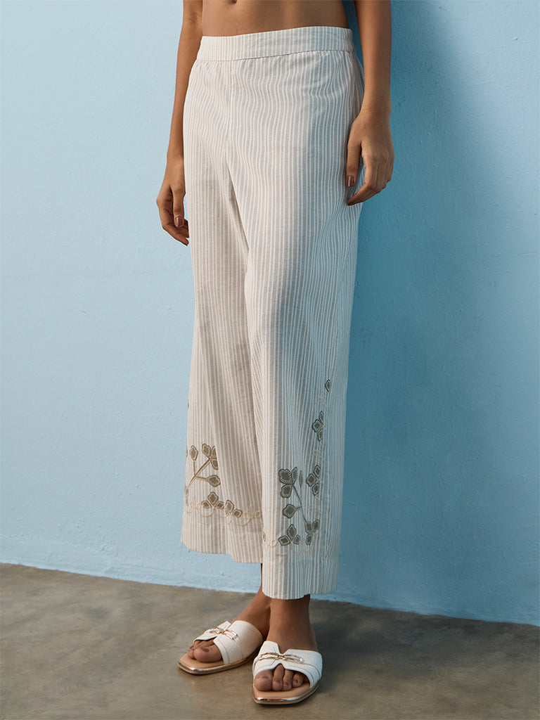 Utsa White Striped Cotton-Blend Ethnic Pants