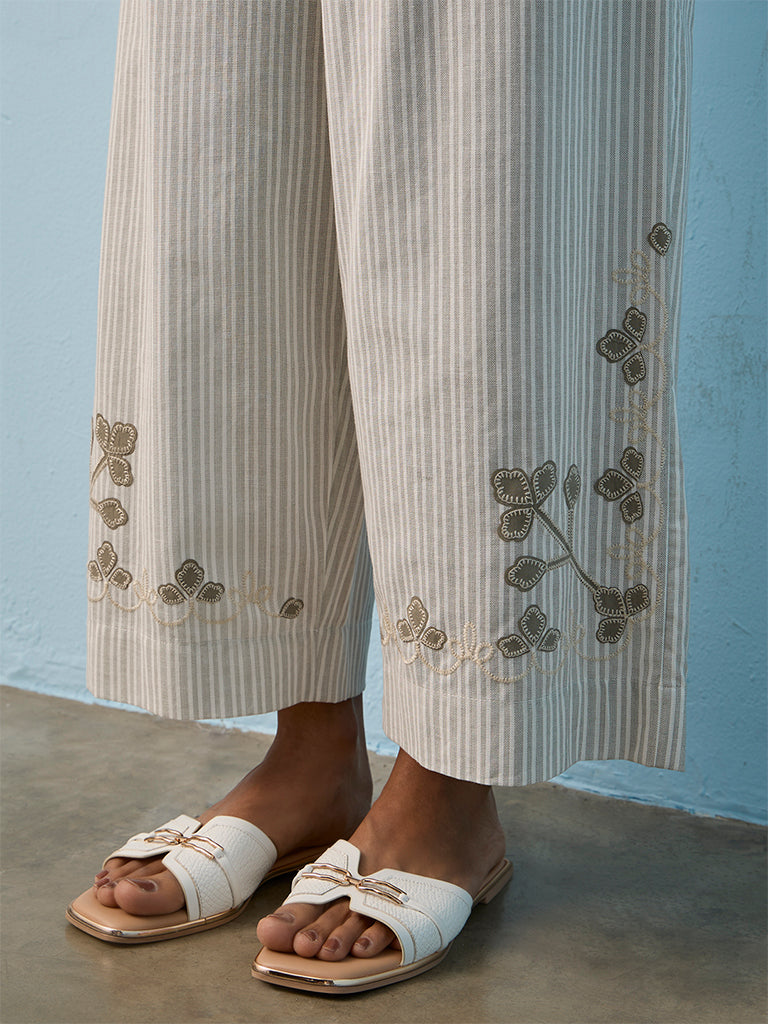 Utsa White Striped Cotton-Blend Ethnic Pants