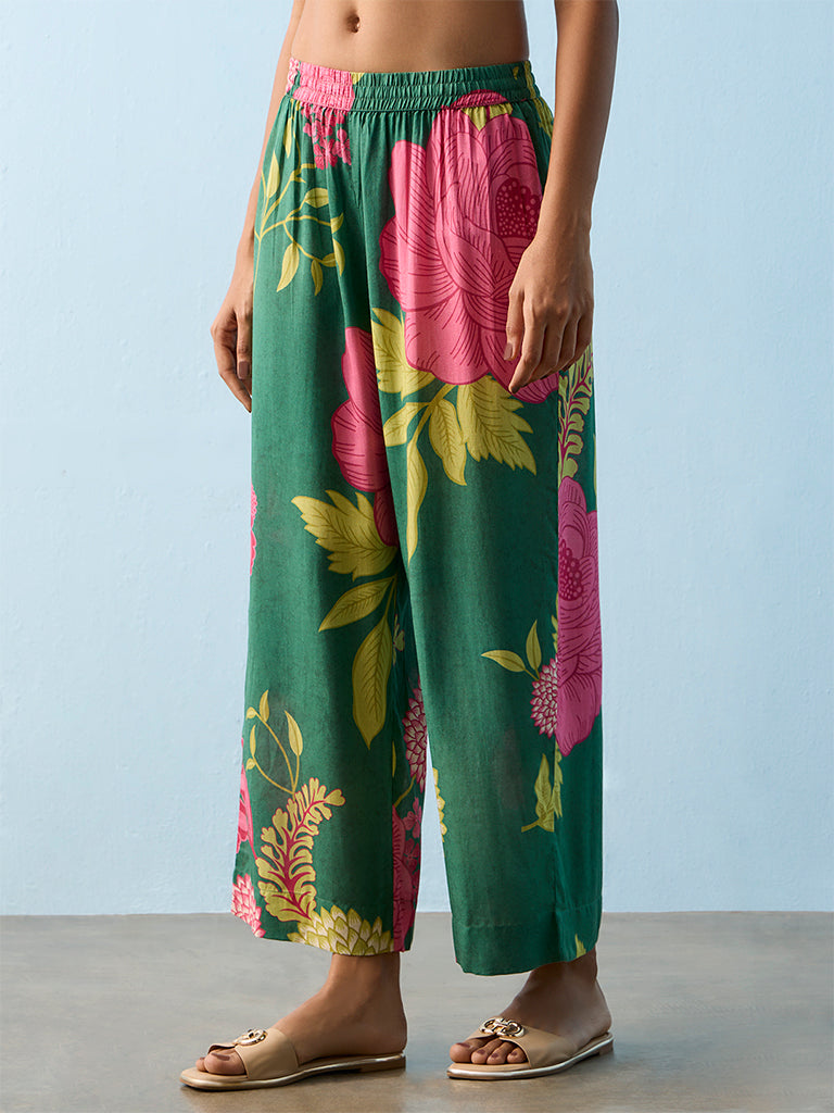 Utsa Green Floral Printed Pants