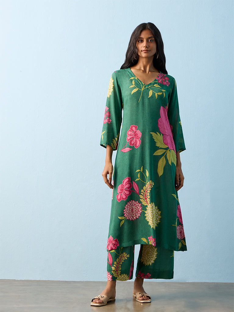 Utsa Green Floral Printed Pants
