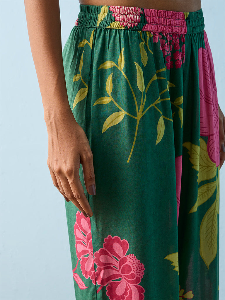 Utsa Green Floral Printed Pants