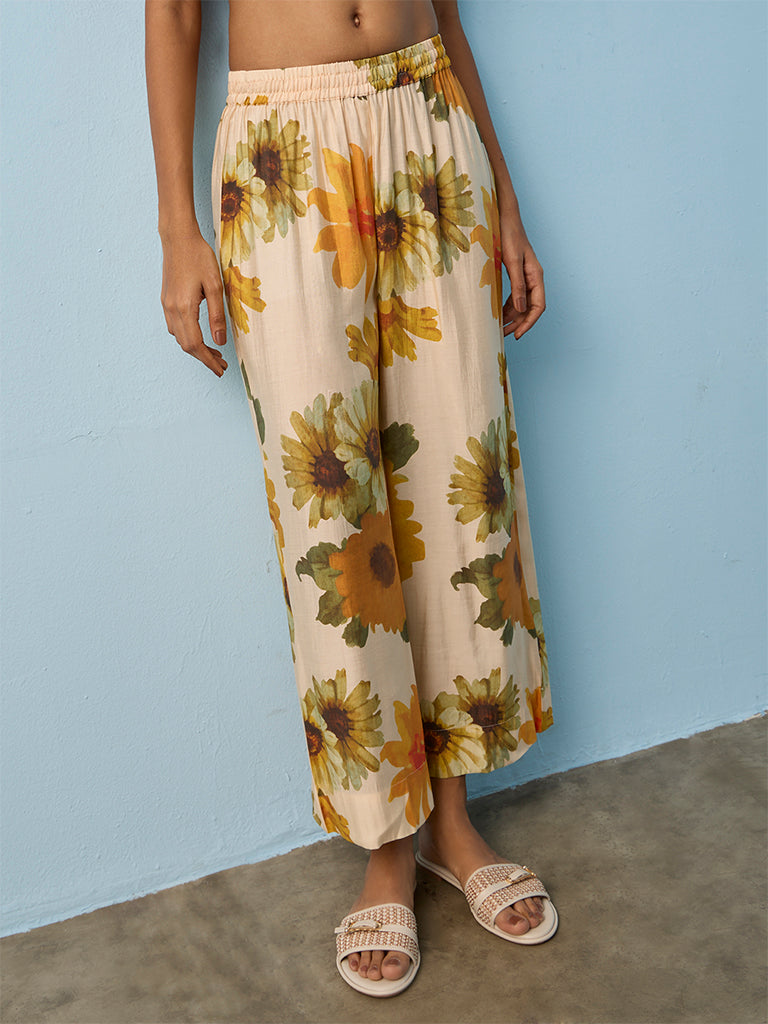 Utsa Beige Floral Printed Palazzos