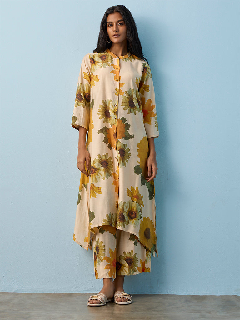 Utsa Beige Floral Printed Palazzos