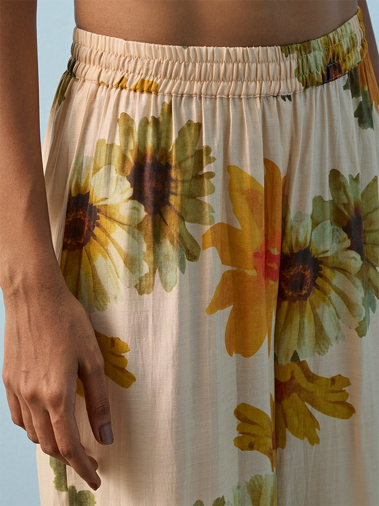 Utsa Beige Floral Printed Palazzos