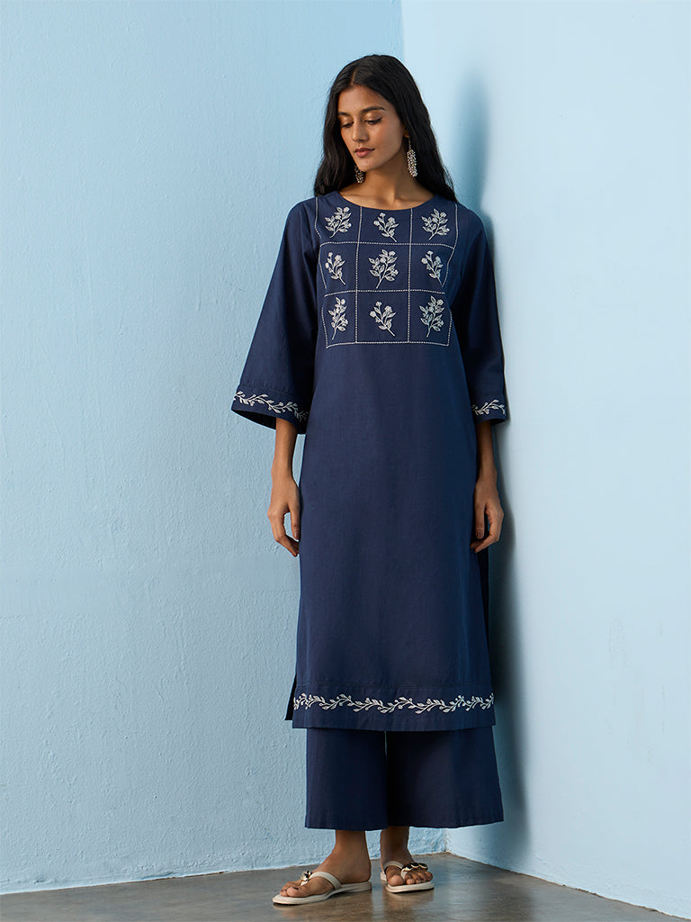 Utsa Indigo Solid Cotton-Blend Palazzos