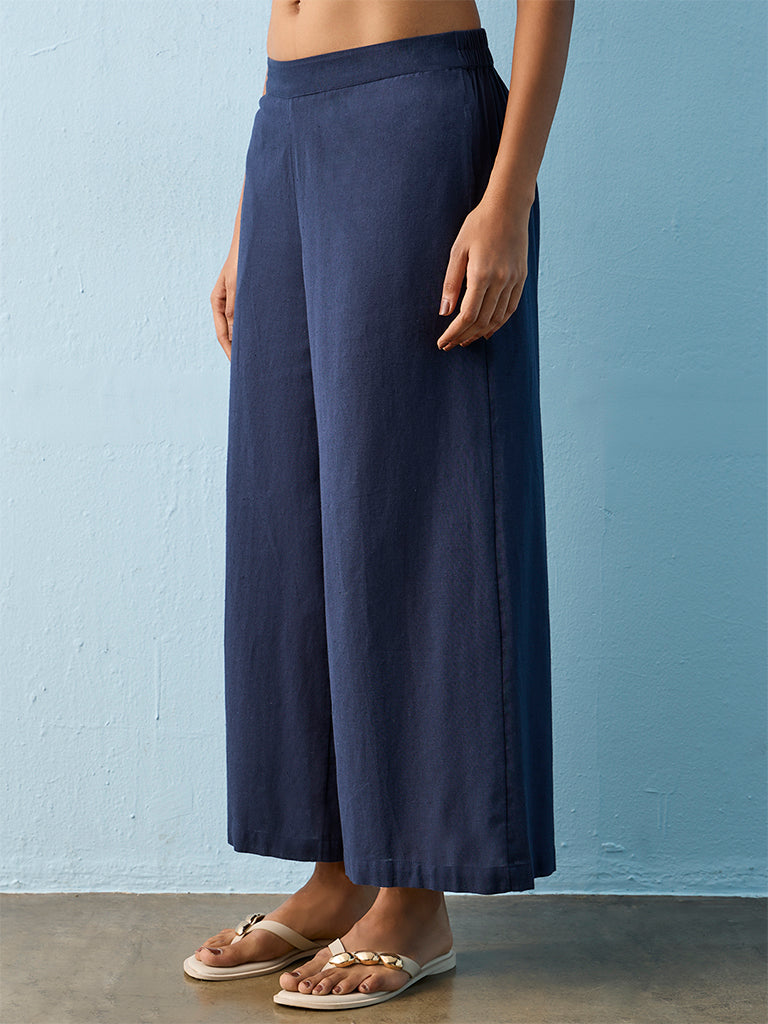 Utsa Indigo Solid Cotton-Blend Palazzos