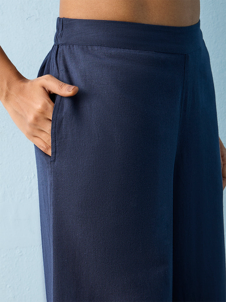 Utsa Indigo Solid Cotton-Blend Palazzos