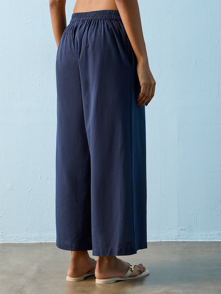 Utsa Indigo Solid Cotton-Blend Palazzos
