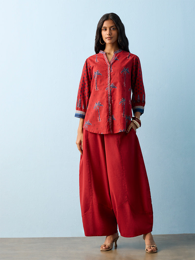 Utsa Red Solid Cotton-Blend Pants