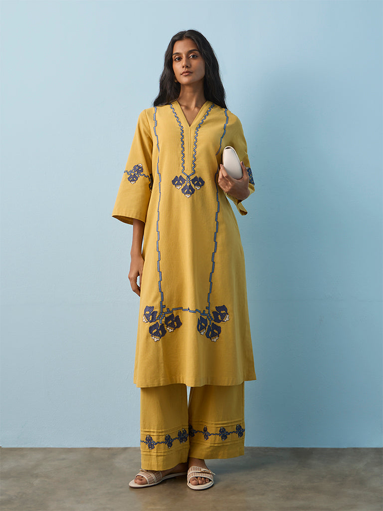 Utsa Yellow Floral Embroidered Cotton-Blend Palazzos