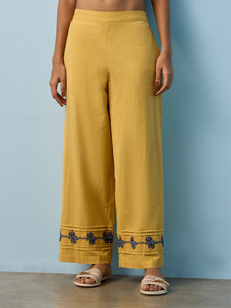 Utsa Yellow Floral Embroidered Cotton-Blend Palazzos