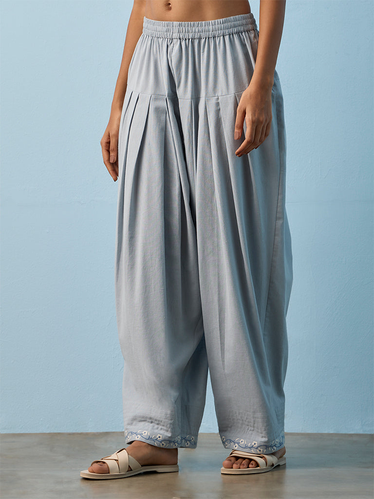 Utsa Light Blue Pleated Cotton-Blend Pants