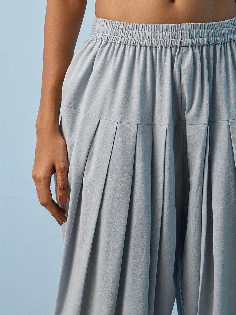 Utsa Light Blue Pleated Cotton-Blend Pants