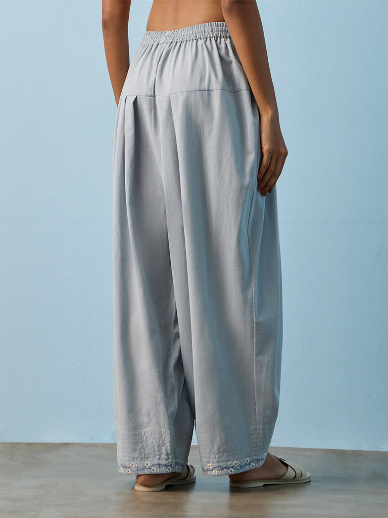 Utsa Light Blue Pleated Cotton-Blend Pants
