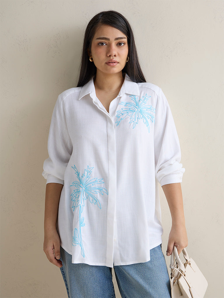 Gia White Botanical Embroidered Shirt