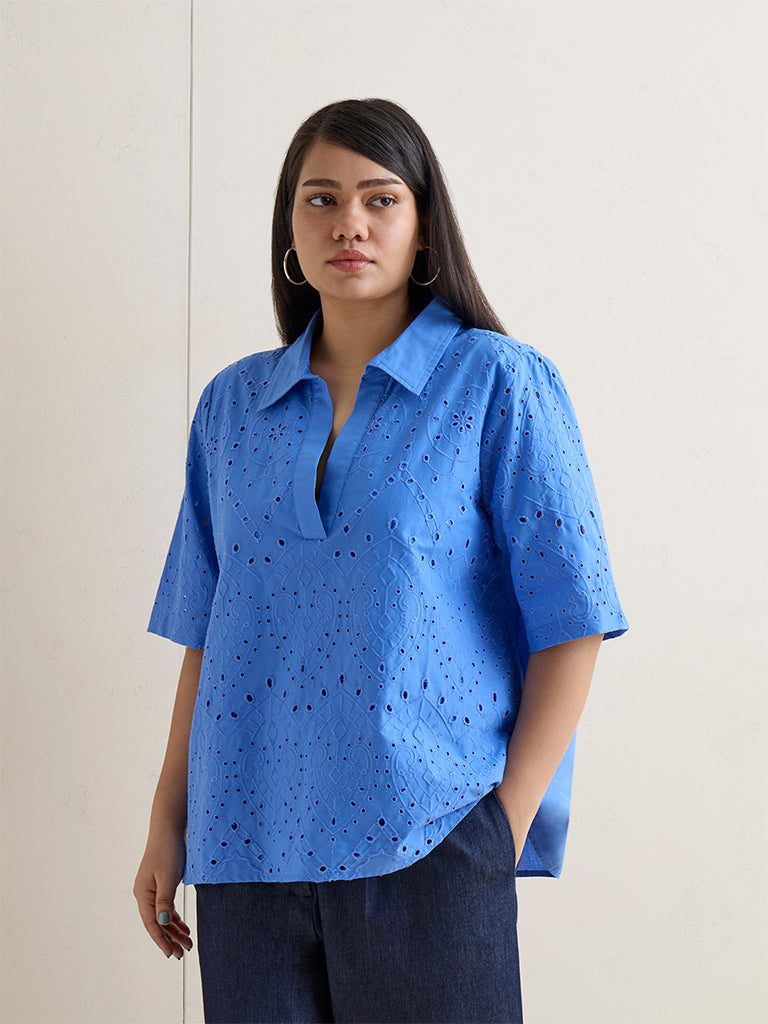 Gia Blue Schiffli Embroidered Cotton Blouse