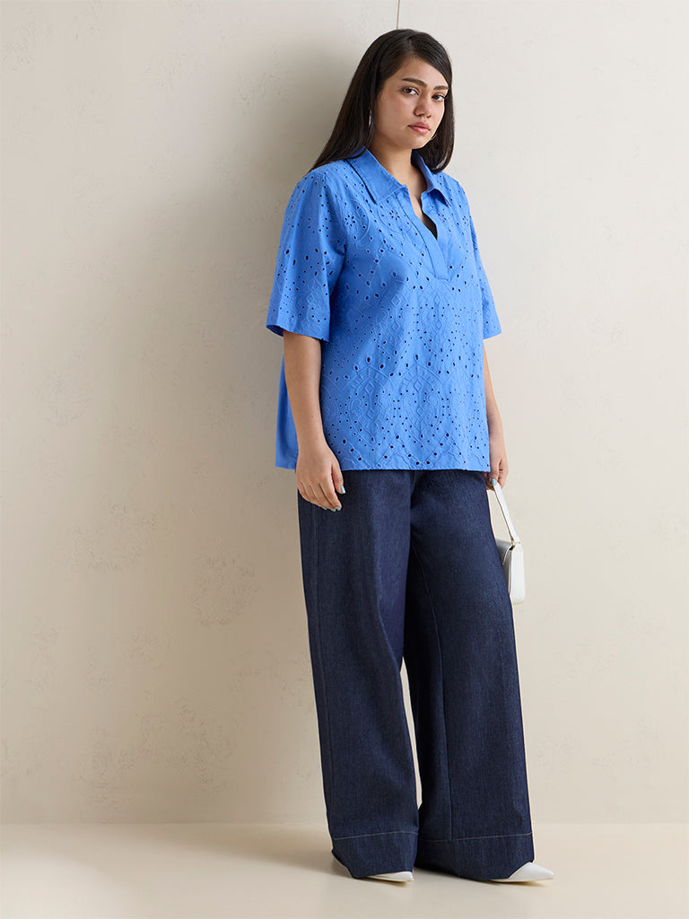 Gia Blue Schiffli Embroidered Cotton Blouse