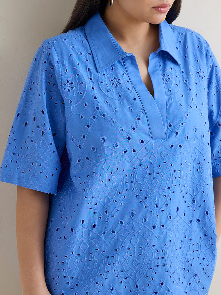 Gia Blue Schiffli Embroidered Cotton Blouse
