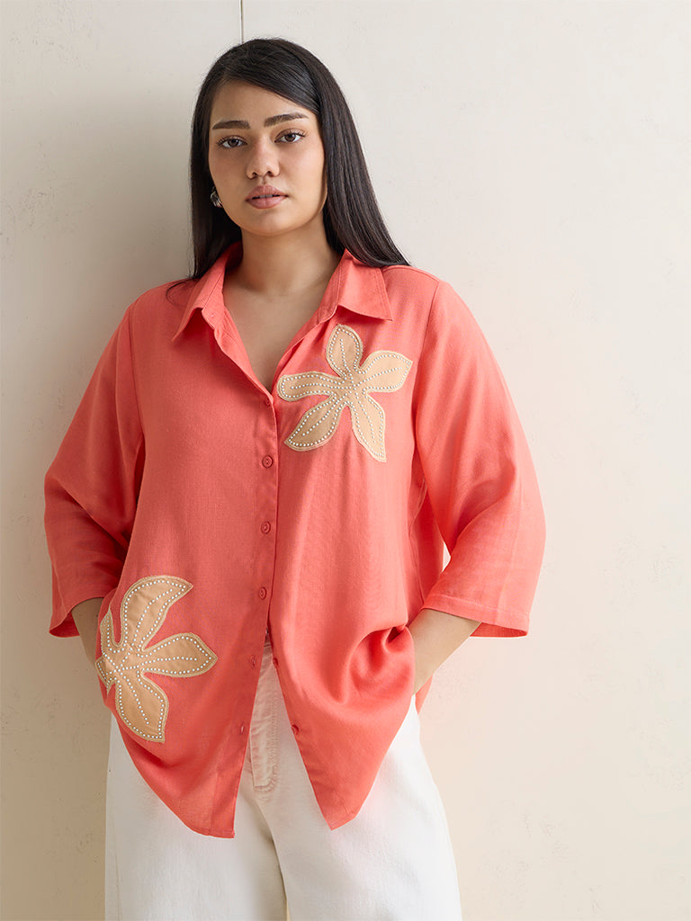 Gia Coral Floral Embroidered Cotton-Blend Shirt