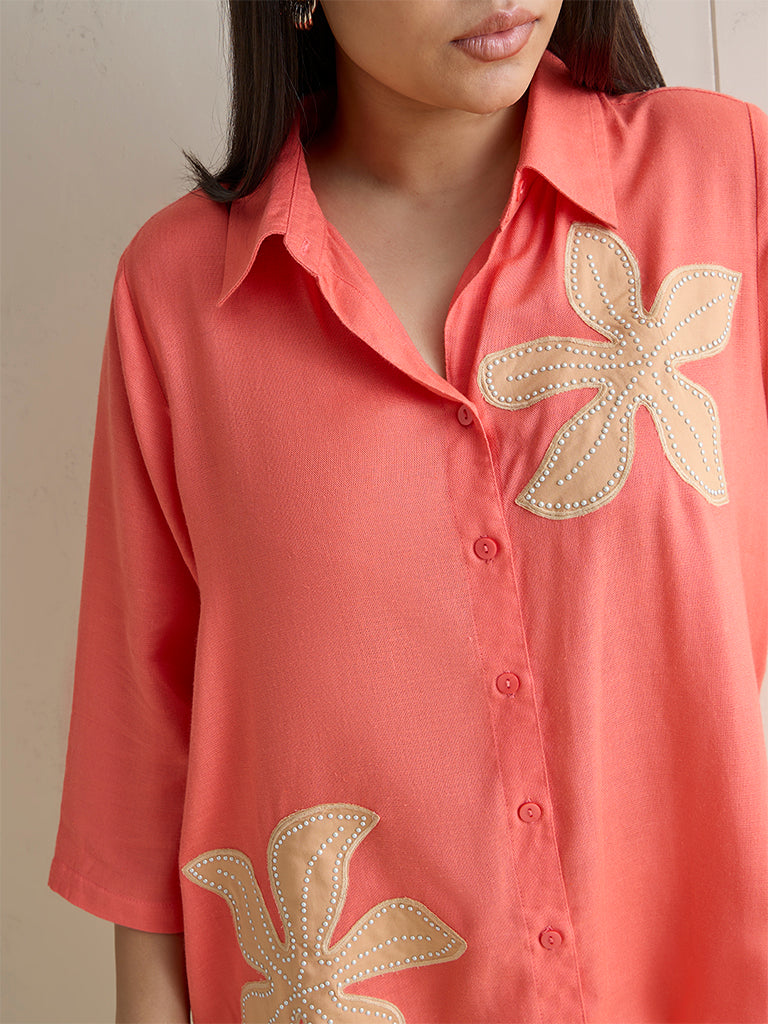 Gia Coral Floral Embroidered Cotton-Blend Shirt