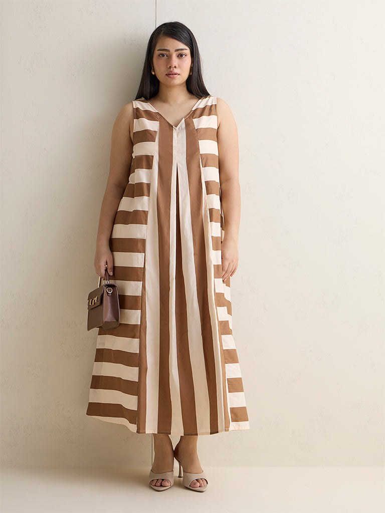 Gia Brown Striped A-Line Cotton Dress
