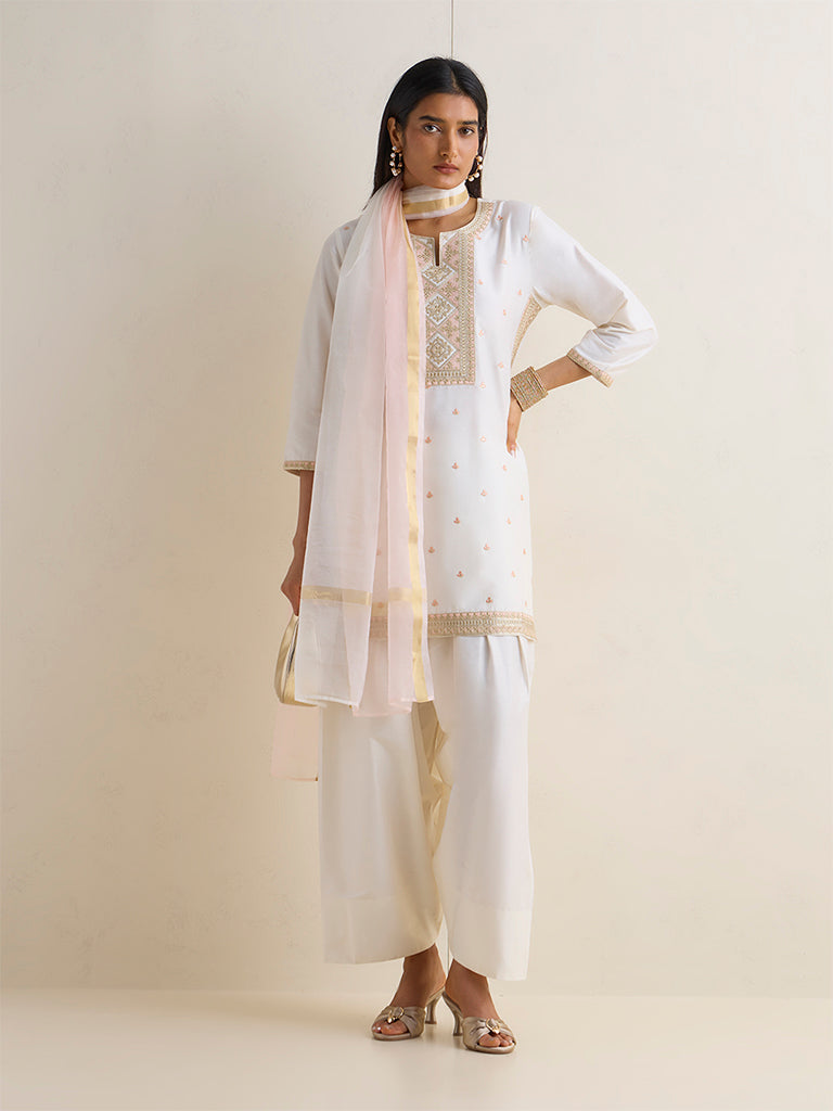Vark Ivory Embroidered Straight Ethnic Set