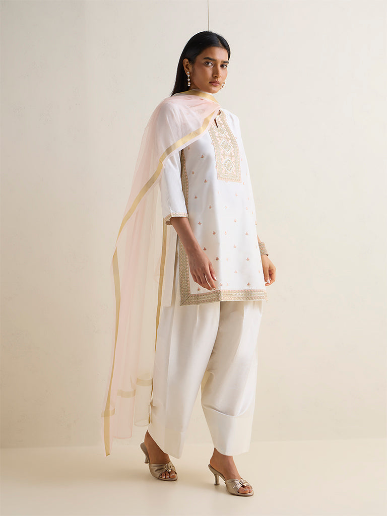 Vark Ivory Embroidered Straight Ethnic Set
