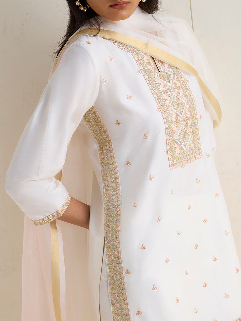 Vark Ivory Embroidered Straight Ethnic Set