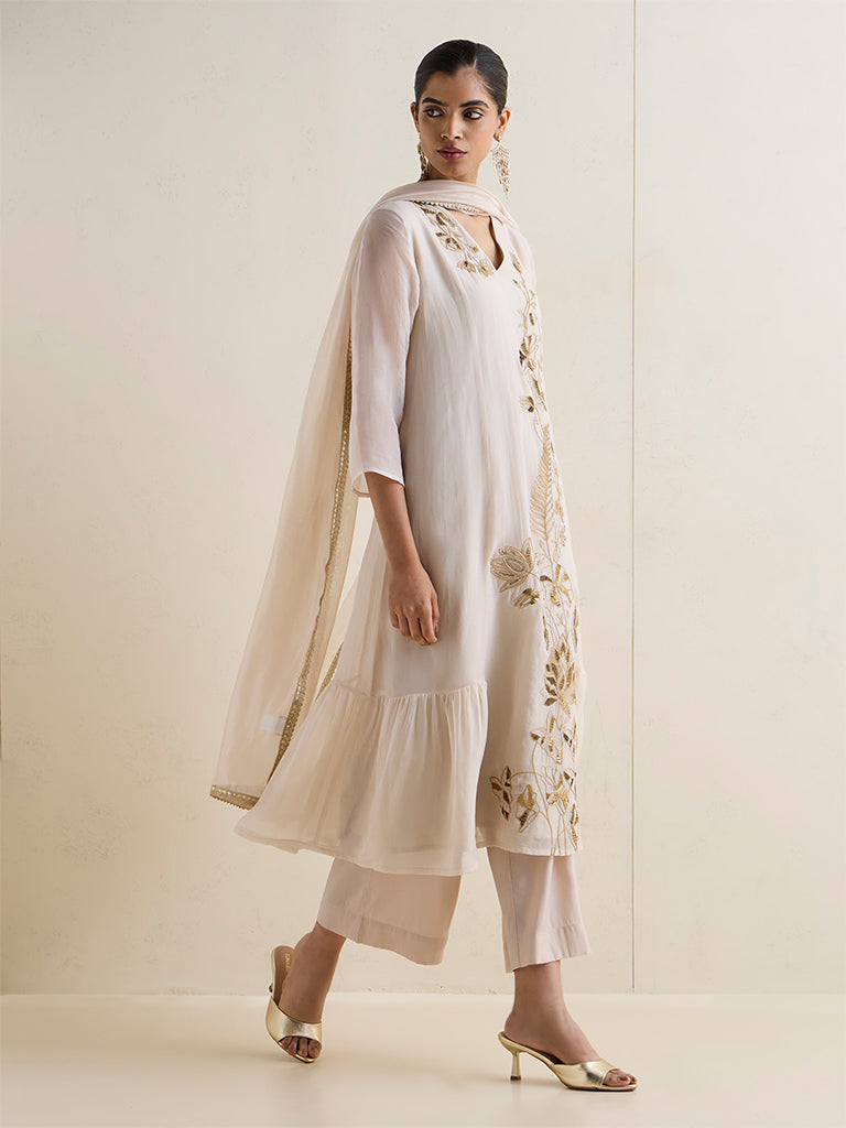 Vark Beige Floral Embroidered A-Line Ethnic Set