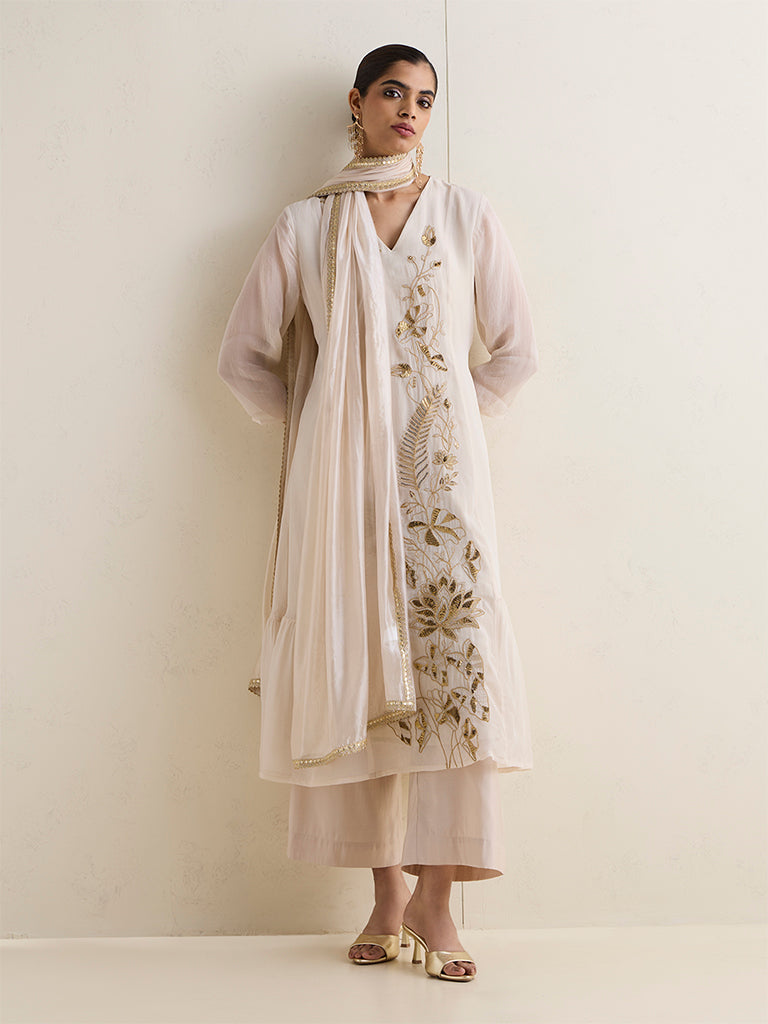 Vark Beige Floral Embroidered A-Line Ethnic Set