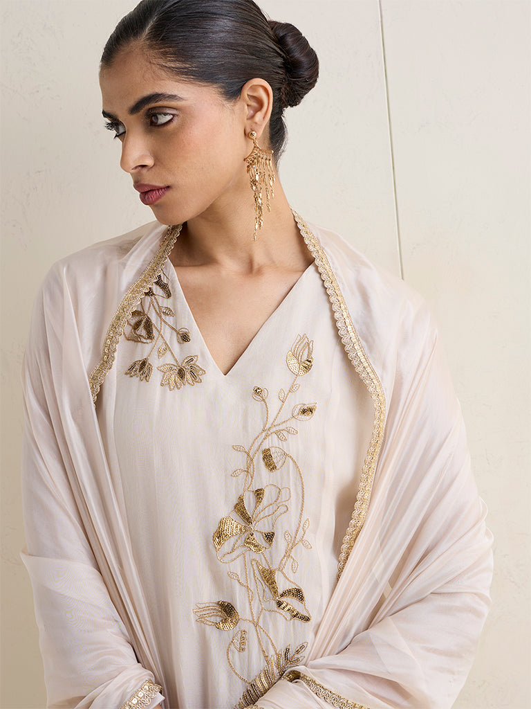 Vark Beige Floral Embroidered A-Line Ethnic Set