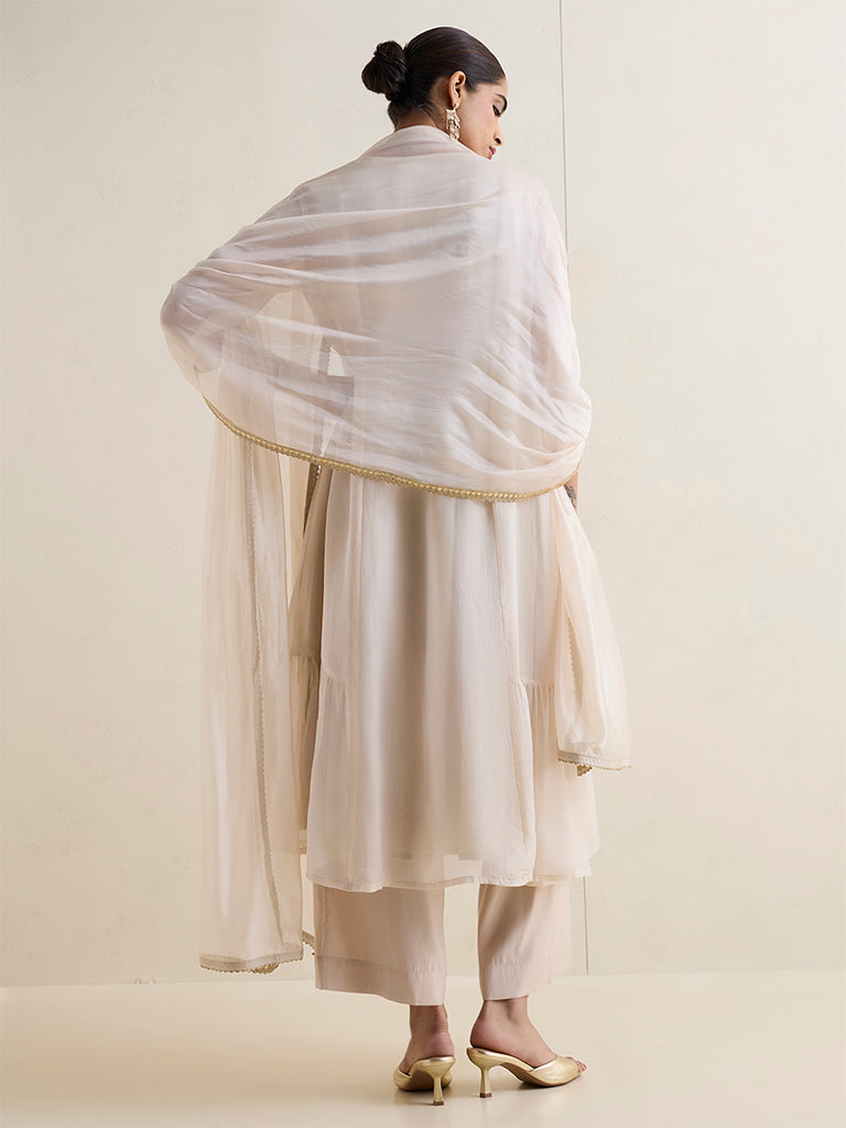 Vark Beige Floral Embroidered A-Line Ethnic Set