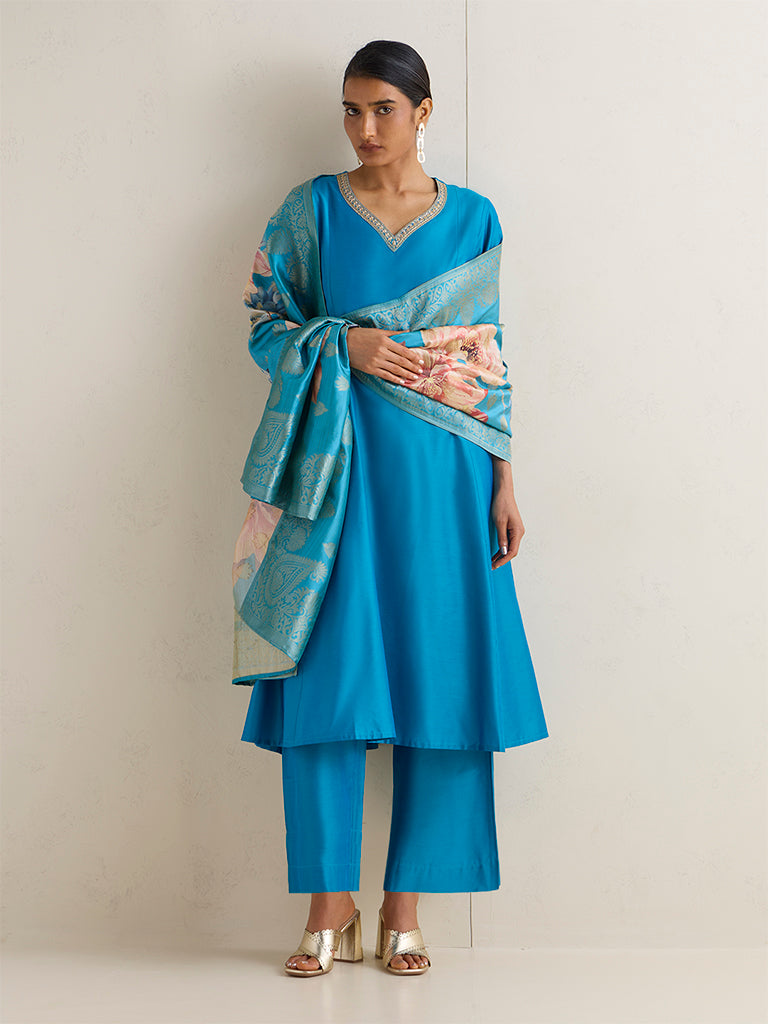 Vark Blue Floral Design Anarkali Ethnic Set