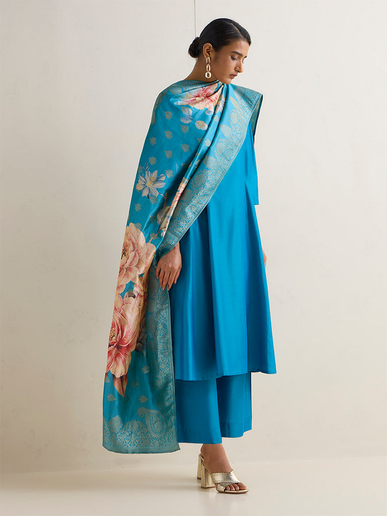 Vark Blue Floral Design Anarkali Ethnic Set