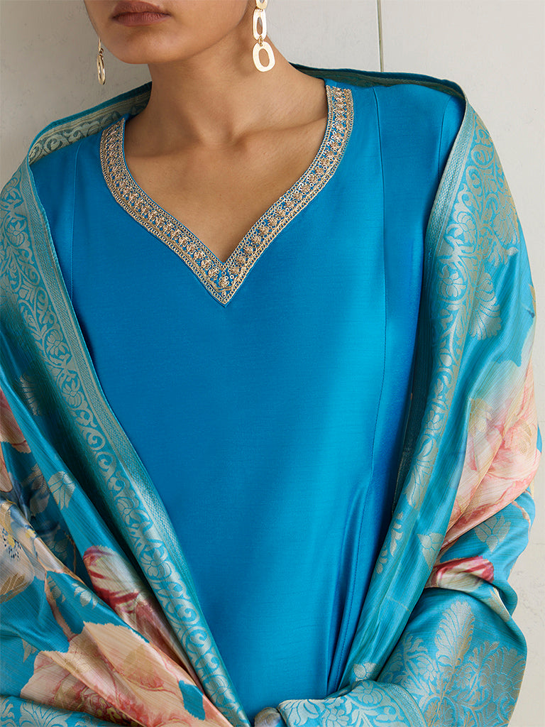 Vark Blue Floral Design Anarkali Ethnic Set