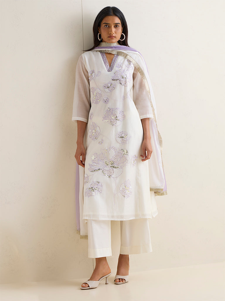 Vark Ivory Floral Embroidered A-Line Ethnic Set