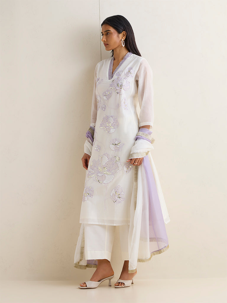 Vark Ivory Floral Embroidered A-Line Ethnic Set