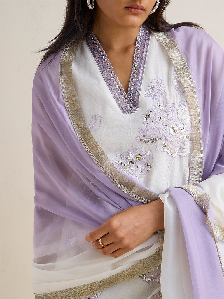 Vark Ivory Floral Embroidered A-Line Ethnic Set