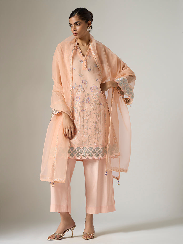 Vark Peach Floral Embroidered A-Line Ethnic Set