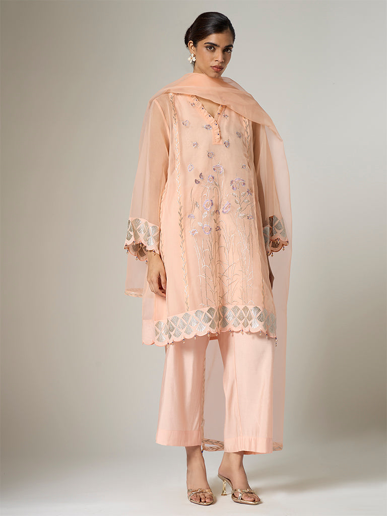 Vark Peach Floral Embroidered A-Line Ethnic Set